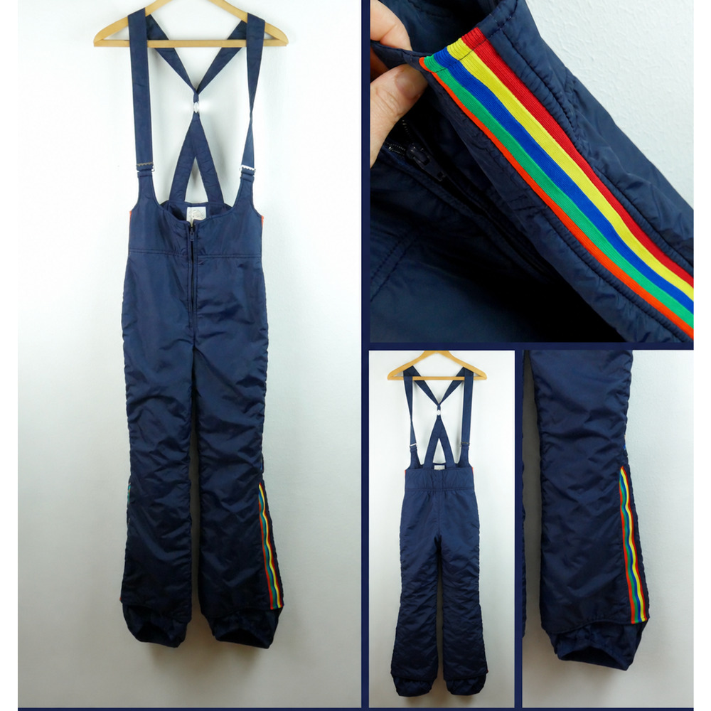 Vintage Roffe Ski Bib Pants Womens XS S Rainbow Stripe 1970s 1980s Navy Blue